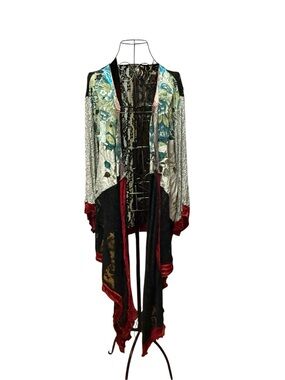 Vintage Spencer Alexis Black Lace Open Kimono Burgundy Trim 1X